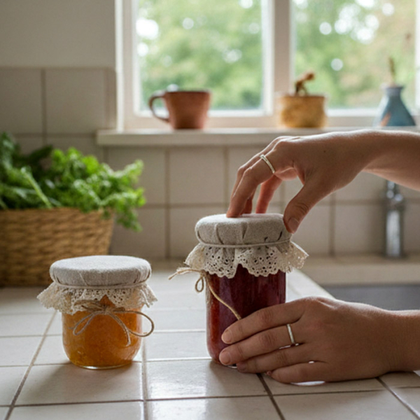 Kapturek Konopno Bawełniany Natura z Koronką na Miskę